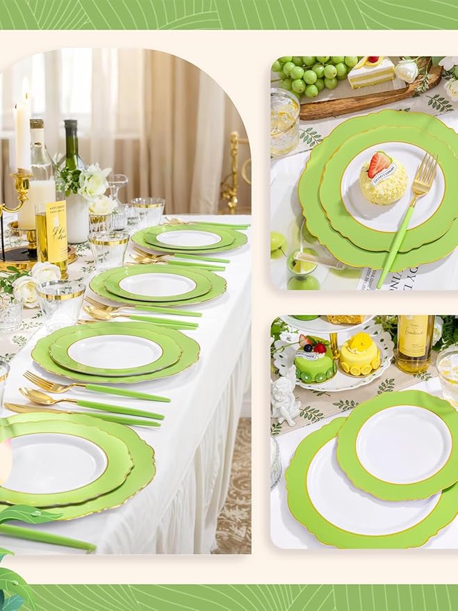WDF 150Pcs Green Plates Disposable - Baroque Green and Gold Plates - 25Guest Plastic Dinnerware Ideal for Party/Spring/Picnic