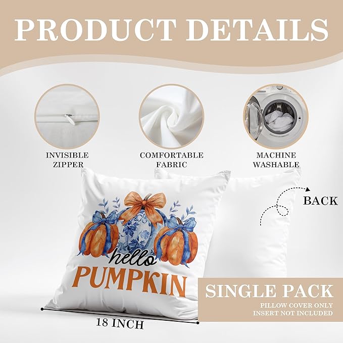 Chinoiserie Fall Pumpkin Pillow Covers 18x18,Autumn Decor,Blue and White Orange Chinoiserie Pumpkin Decorative Throw Pillow Covers for Home Bedroom Living Room