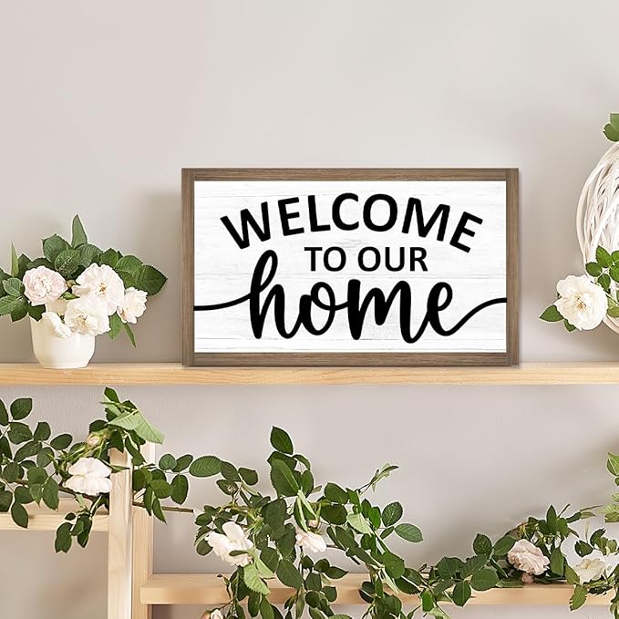 Welcome to Our Home Wooden Box Sign Desk Decor,Family Saying Wood Block Sign for Home Farmhouse Bedroom Shelf Tabletop Wall Decor