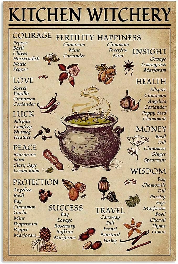 Spice and Cooking Herbs Witchcraft Witch Fun World Education Science Classroom Infographic Tin Sign Great Retro Gifts and Decorative Door Wall School Farm Hospital Metal Sign 8x12