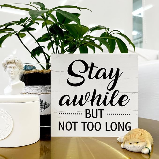 Funny Wood Sign, Funny Welcome Decor, Stay Awhile But Not Too Long Sign, Box Sign Tabletop Decor, Farmhouse Decor for Shelf, Front Door Decor, Porch Foyer Decor, Country Style Home Decor
