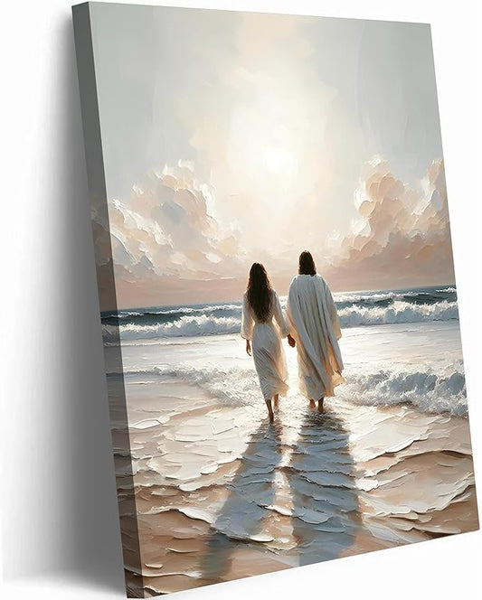 Jesus Canvas Wall Art and Woman Walking on Water Religious Coastal Wall decor pictures Christian Painting poster prints for living room bedroom Home Decoration Ready to hang (12inx16in Canvas)