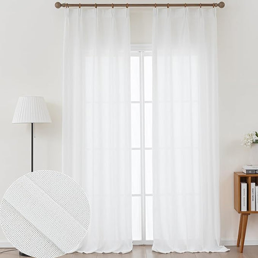Off White Thick Linen Semi Sheer Curtains 102 Inches Long, Elegant Light Filtering Drapes Set of 2, Floor to Ceiling Pinch Pleat Curtain with Hooks