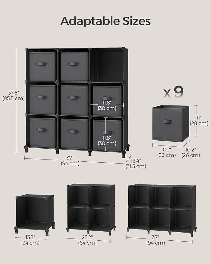 SONGMICS Cube Storage Organizer with Storage Boxes, Set of 9-Cube Organizer, 9 Collapsible Non-Woven Fabric Bins, Customizable, Space-Saving, Bedroom, Ink Black and Dove Gray ULPC092B01
