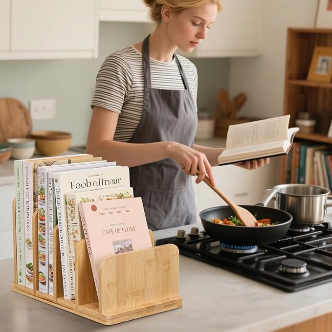 Cook Book Organizer,Bamboo Cookbook Stand for Kitchen Counter with 4-Slot,Sturdy Recipe Book Holder Stand for Convenient Cookbook Storage
