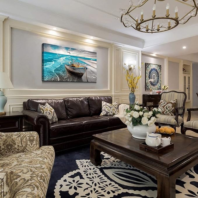 Beach Picture Canvas Wall Art Prints Black and White Waves Seascape Paintigns Home Decor Boat Seagulls Ocean Landscape for Living Room Bedroom Bathroom Decoration Natural Scenery Artwork 20x40inches