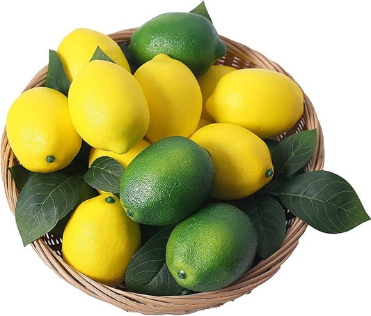 Fake Fruit Artificial Lemons 24 Pcs, Faux Lemon Leaves 12 Pcs Lifelike Fake Lemon Decor for Kitchen Table Cabinet Party Plastic Fruits Photography Prop