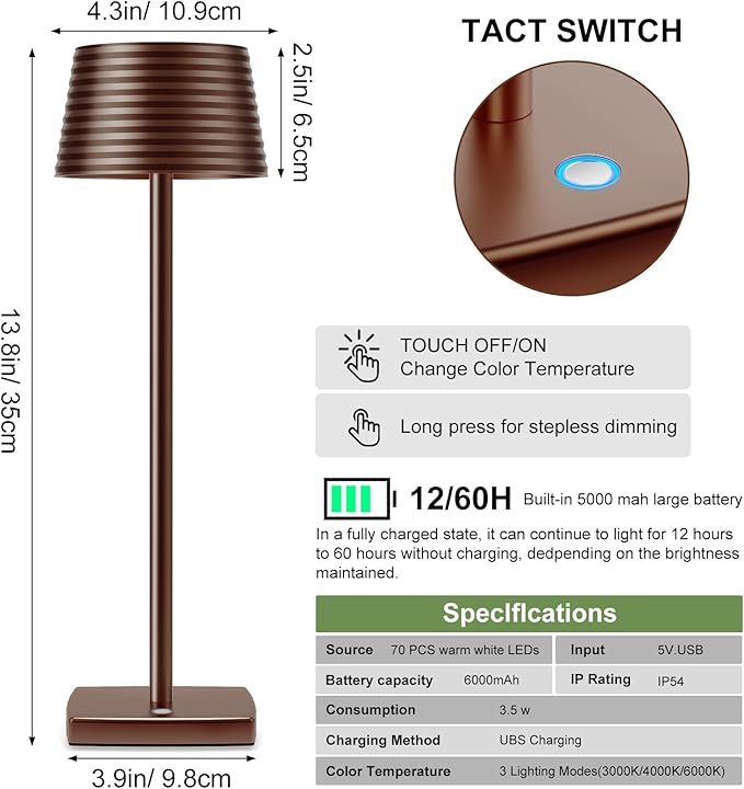 Cordless Table Lamps Rechargeable,Battery 6000mAh LED Portable Lights for Outdoor/Patio/Restaurant/Indoor Desk Lamp - IP54 Waterproof 3 Colors Stepless Dimming (Coffee)