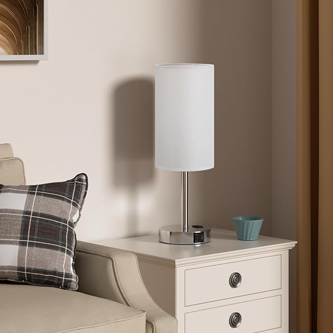 17.4Inch Bedside Touch Table Lamps for Bedroom - Tall Nightstand Lamp with USB-C USB-A Charging Ports White - 3 Way Dimmable Small Desk Lamp for Office, Dorm Room, Living Room, Reading