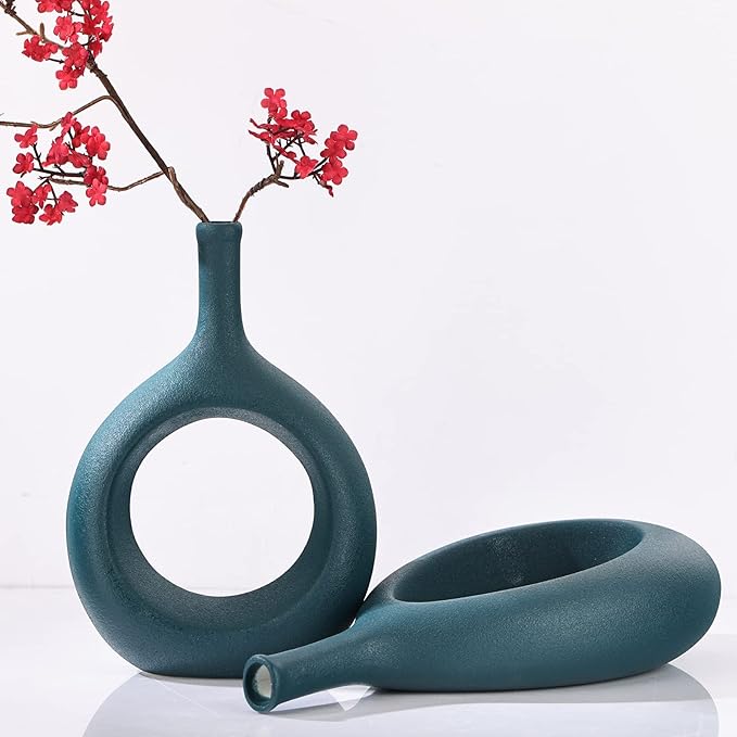 Green Ceramic Hollow Elliptical Vase Set of 2 - Boho Circle Vase with Hole, for Modern Green Table Decor, Living Room Decor Shelf mid Century Modern Home Entrance Decorative vase