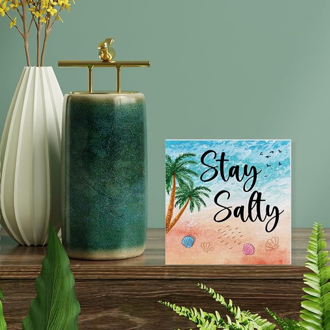 Summer Decor Stay Salty Wood Block Sign Home Beach House Desk Table Shelf Decoration