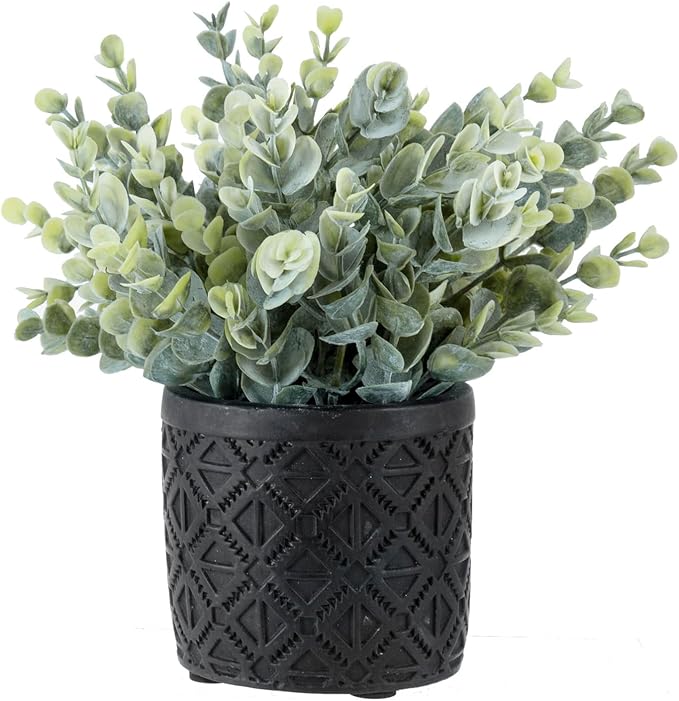 MyGift Artificial Eucalyptus Plant in Modern Gray Concrete Pots with Geometric Embossed Pattern (1, Black)