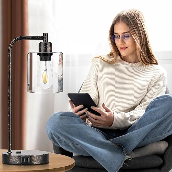 Industrial Touch Table Lamps Set of 2 - Rustic Black Bedside Lamps with 2 USB Ports & AC Outlet, 3-Way Dimmable Nightstand Desk Lamp for Bedroom Living Room Farmhouse, Glass Shade & LED Bulbs Included