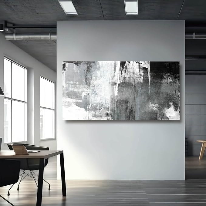 Kureful Black And White Wall Paintings Abstract Wall Decorations Canvas Prints Poster Wall Art 24”x48” Home Decor Grey Artwork Painting Pictures for Living Room Dinning Room