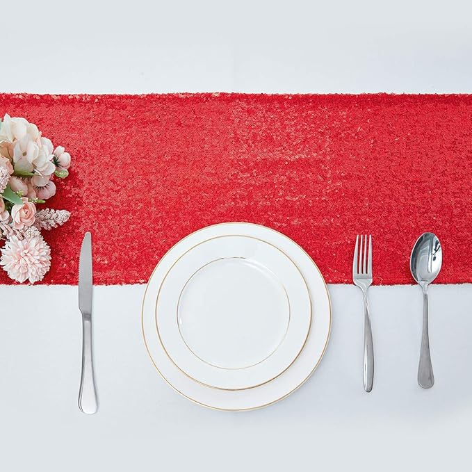 10 Packs 12 x 108 inches Red Sequin Table Runner, Glitter Red Table Runner for Wedding Birthday Bachelorette Holiday Party Supplies Decorations Bridal Shower Baby Shower