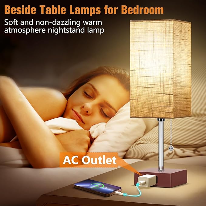 Bedside Table Lamp for Bedroom Nightstand, 3 Color Pull Chain Nightstand Lamps Set of 2 with AC Outlets, Square Gray Lampshade Bedside Lamp for Living Room, Office Desk, LED Bulb Included
