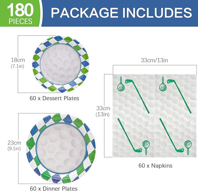 180Pcs Golf Party Supplies Paper Plates and Napkins Serve 60 Disposable Tableware Set for Birthday Party Decorations Game Day Family School Holiday Sports Events