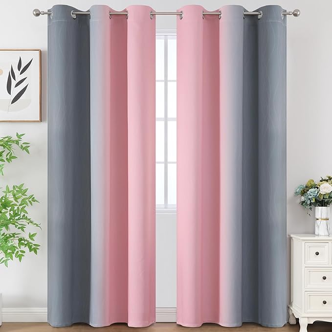 Pink and Grey Blackout Curtains 84 inches Long,Ombre Full Room Darkening Window Curtains for Living Room,Grommet Thermal Insulated Drapes,Light Blocking Curtains for Girls Bedroom,42x84 Inch, 2 Panels