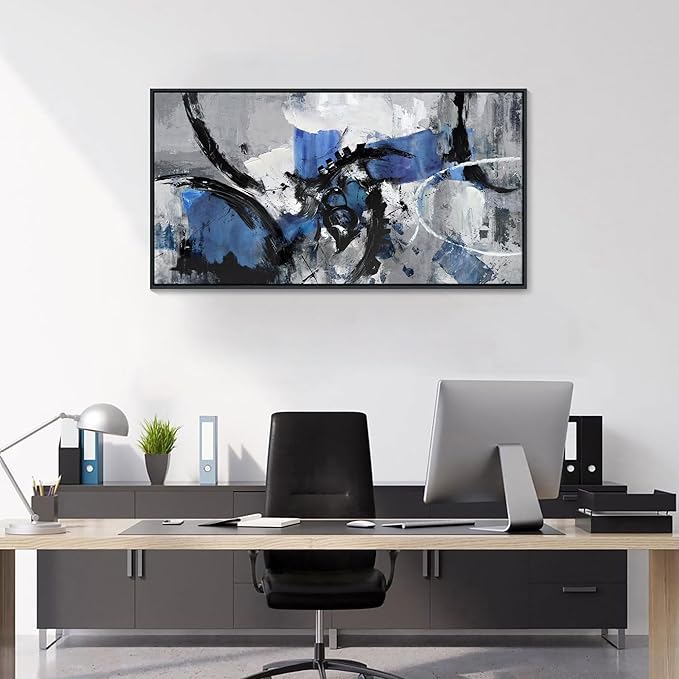 AJAZIKO Blue Abstract Canvas Wall Art: Wall Art for Living Room, Bedroom & Gray Office Decorations for Work, Framed Artwork - Modern Decor with Blue & Black Paintings Pictures Wall Decor 20×40IN