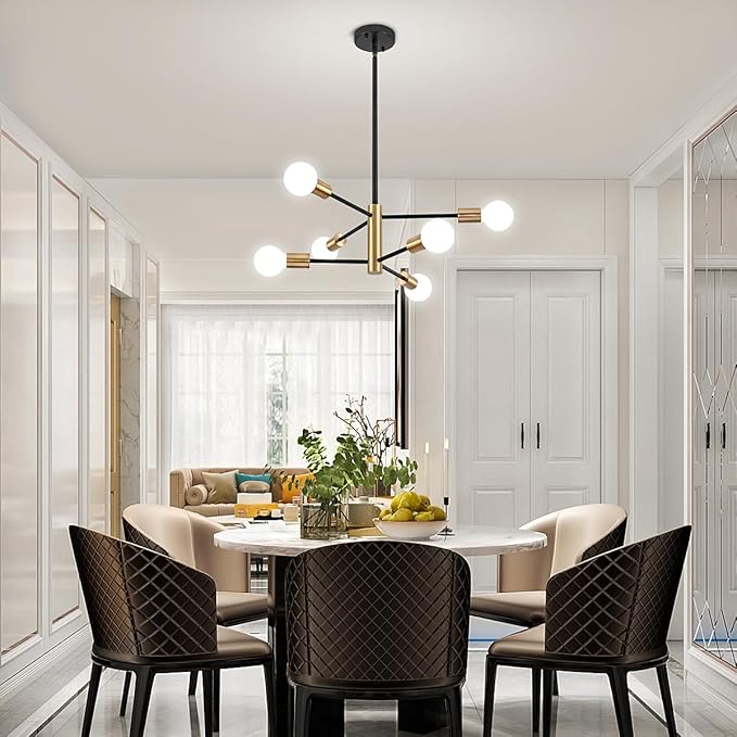Modern Chandelier Sputnik Light Fixtures, Mid Century Chandelier Dining Room Lights, 6-Light Black and Gold Bedroom Ceiling Light Chandeliers for Living Room Kitchen
