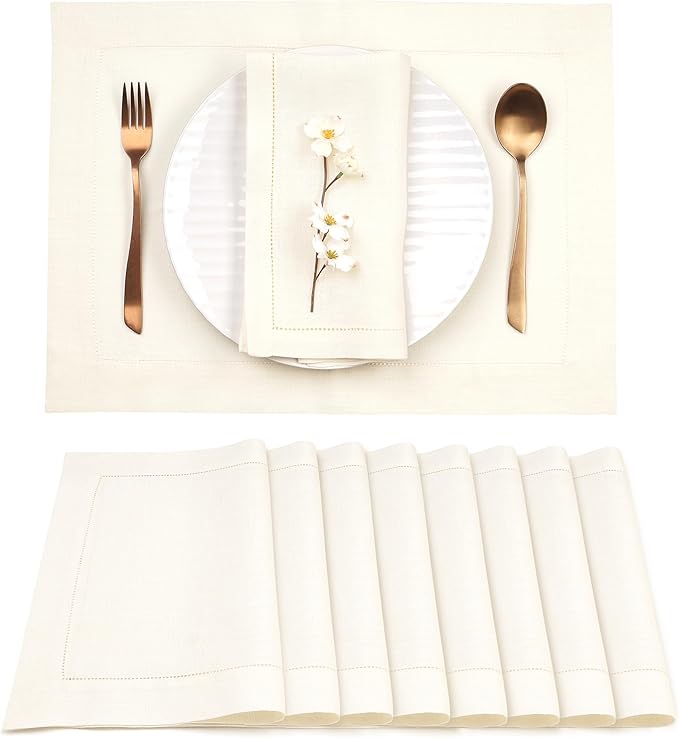 D'Moksha Homes Linen Placemats Set of 8 - Classic Hemstitch Ivory Placemats 14 x 19 Inch - 100% Pure Linen Table Mats for Fall, Autumn and Halloween - Handcrafted and Machine Washable