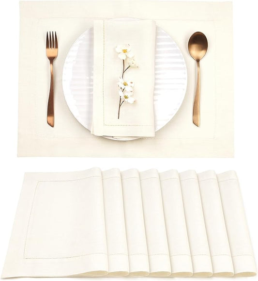 D'Moksha Homes Linen Placemats Set of 8 - Classic Hemstitch Ivory Placemats 14 x 19 Inch - 100% Pure Linen Table Mats for Fall, Autumn and Halloween - Handcrafted and Machine Washable