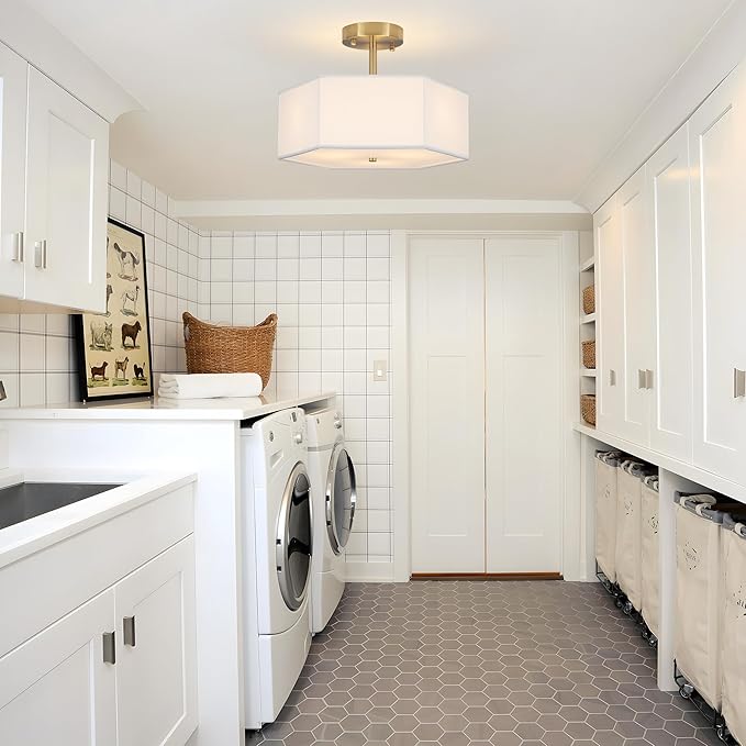 Modern Ceiling Light with White Fabric Shade 3-Light Gold Semi Mount Flush Fixture for Bedroom Dining Room Kitchen and Hallway