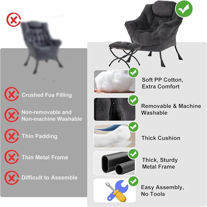 Oversized Chair with Ottoman, Modern Reading Chair, Lounge Accent Chair with Armrests and a Side Pocket for Small Space, Bedroom, Study, Living Room (Plush Dark Greyish Blue)