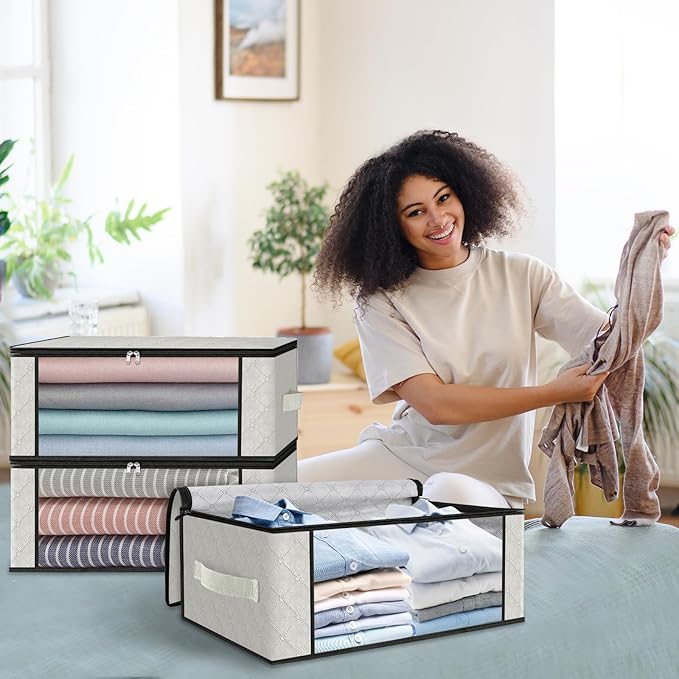 HomeHacks Storage 8-Pack Clothes Organizer Storage Bags Foldable Storage Box with Large Clear Window Sturdy Handles for Closet, Dorm, Pillows, Bedding, Clothes, Blankets, 35L, Ivory