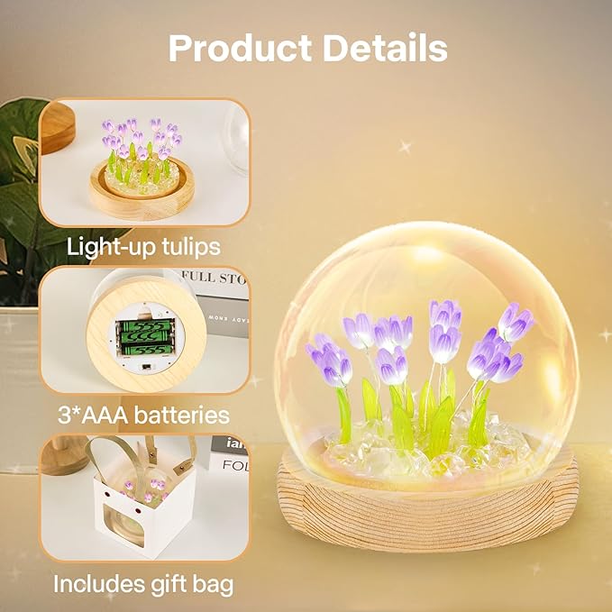 ONXE Birthday Flower Gifts for Mom,Tulips Night Light Small Glass Flower Lamp with Wooden Base for Home Decor Romantic Unique Christmas Gift for Women Girlfriend Sister Grandma Wife Her