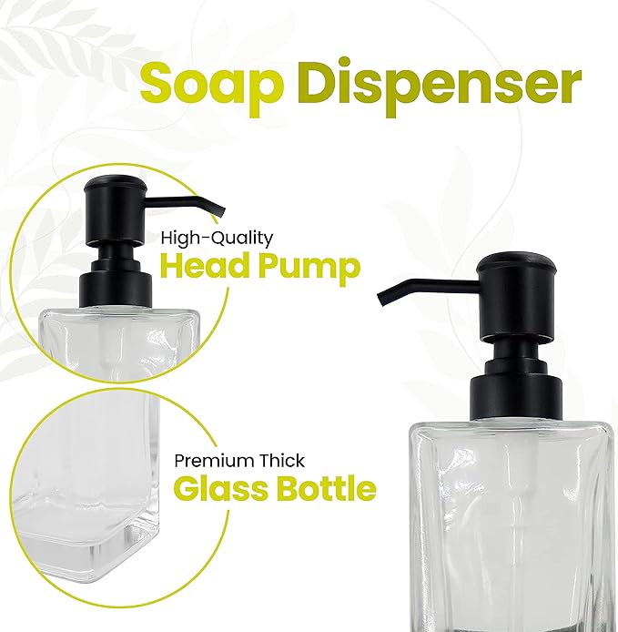Square Glass Clear Lotion and Soap Pump Dispenser Set with Metal Stand Caddy for Bathroom Bath Kitchen Home Office Travel Hotel Hand Crafted Heavy Weight Matte Black