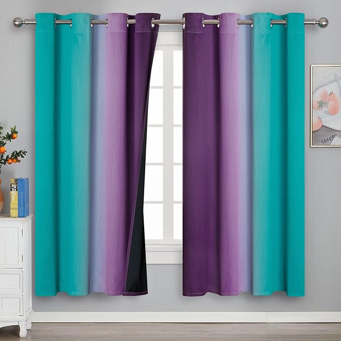 Estelar Textiler Ombre Teal and Purple Blackout Curtains 72 Inch Length 2 panels, Grommet Thermal Insulated Gradient Drapes for Kids Room, Full Light Blocking Blackout Curtains for Bedroom, 52x72 Inch
