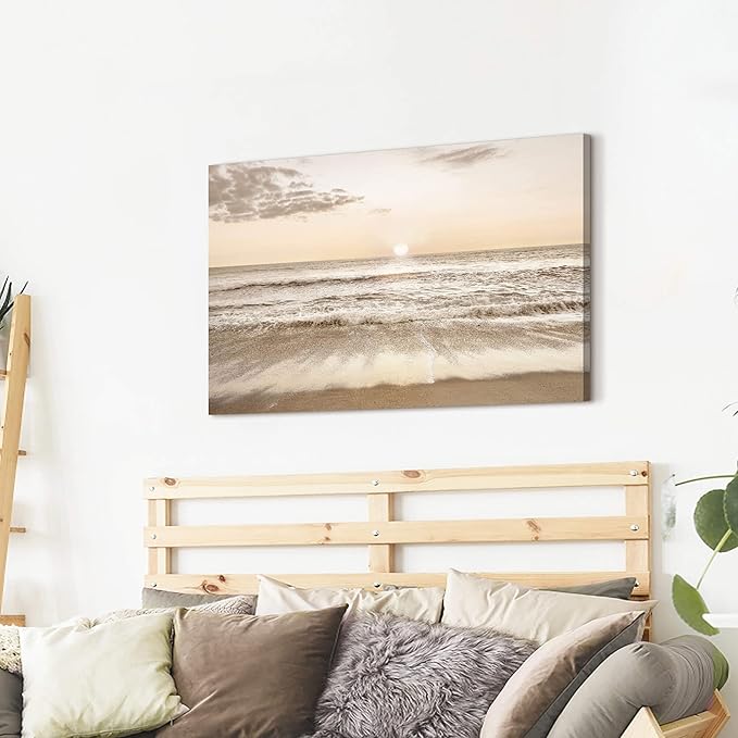 Beach Sunset Canvas Wall Art: Ocean Prints Sea Waves Picture Coastal Scenery Artwork Contemporary Large Tropical Nature Seascape Painting for Modern Living Room Bedroom Bathroom
