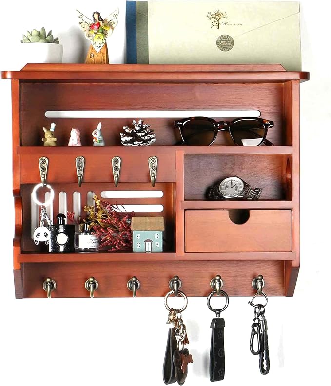 Key Holder for Wall, Mail Organizer Wall Mount with Storage Drawer and 10 Hooks, Easy Installation Key Holder Wall Mount for Home Decor, Ochre