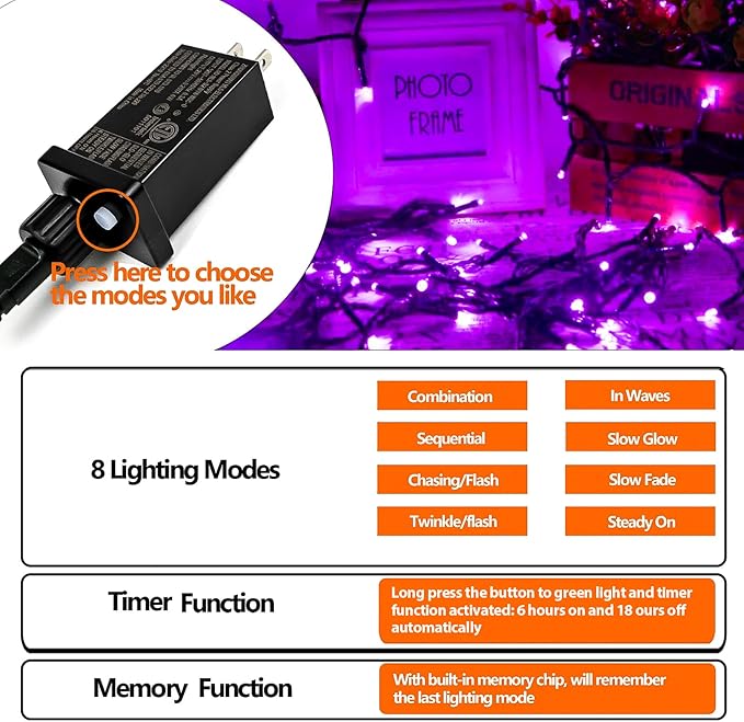 YIQU Purple 82FT 200 LED Extendable Halloween Lights for Outdoor/Indoor, 8 Lighting Modes Plug in String Lights for Halloween Decorations Bedroom Party Decor Room Garden Patio Tree (Purple)
