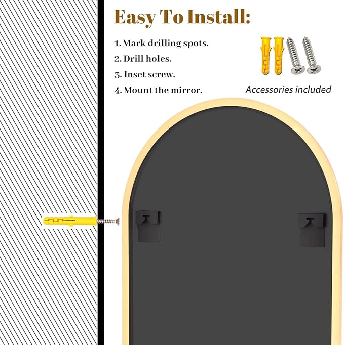 Arched Wall-Mounted Mirror, 24"x36" Arch Bathroom Mirror, Gold Vanity Mirror for Wall Décor, Wall Mirror with Metal Frame for Bedroom, Entryway, Living Room, Brushed Gold