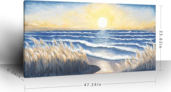 Ocean Canvas Wall Art for Living Room Seaside Sunset over the Beaches Coastal Reeds Blue Sea Waves Calm Seascape Painting Seashore Nature Landscape Artwork for Home Bedroom Office Decor 48x24inch