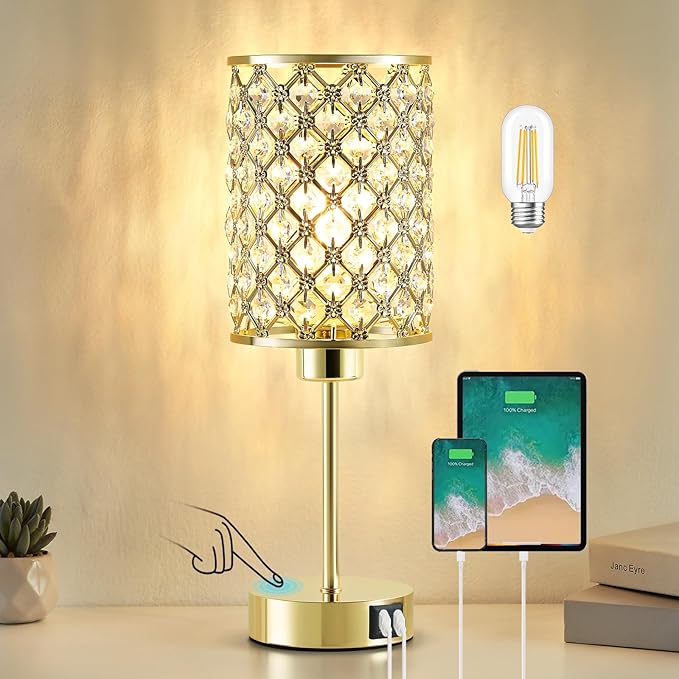 Crystal Table Lamp, Gold Touch Lamp for Nightstand with USB C+A Ports, 3 Way Dimmable Lamp with Crystal Shade, Bedside Lamp Small Lamp for Bedroom, Living Room(Buld Included)