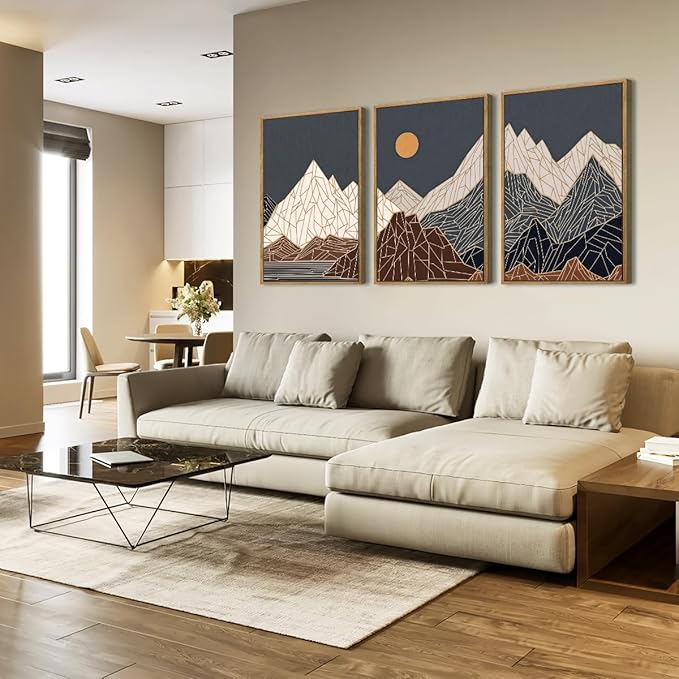 ANHUIB Farmhouse Mountain Wall Art Geometric Mountain Range Wood Wall Decor for Living Room Bedroom Office 16x24 Inch Set of 3