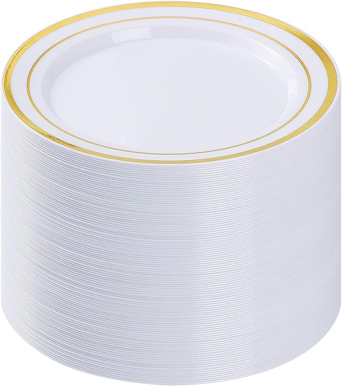 100PCS Gold Plastic Plates, 10.25 Inch Disposable Dinner Plate Party with Gold Rim for Christmas, Thanksgiving, Heavy Duty Disposable Plastic Plates for Party, Wedding and Birthday, Events