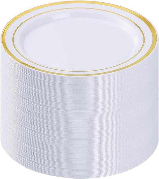 100PCS Gold Plastic Plates, 10.25 Inch Disposable Dinner Plate Party with Gold Rim for Christmas, Thanksgiving, Heavy Duty Disposable Plastic Plates for Party, Wedding and Birthday, Events