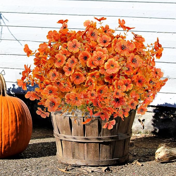 12 Pack Artificial Fall Flowers Orange Autumn Indoor Outdoor Floral Stems Faux Silk Violet Flower for Home Garden Porch Window Yard Wedding Thanksgiving Decoration Table Centerpiece Decor