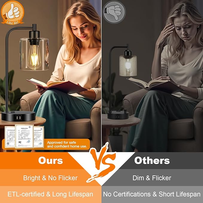 Set of 2 Industrial Touch Control Table Lamps with 2 USB Ports and AC Outlet - 3-Way Dimmable Black Bedside Lamps Nightstand Desk Lamps for Bedroom Living Room, Glass Shade & 2 LED Bulbs Included