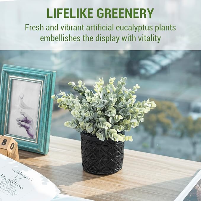 MyGift Artificial Eucalyptus Plant in Modern Gray Concrete Pots with Geometric Embossed Pattern (1, Black)