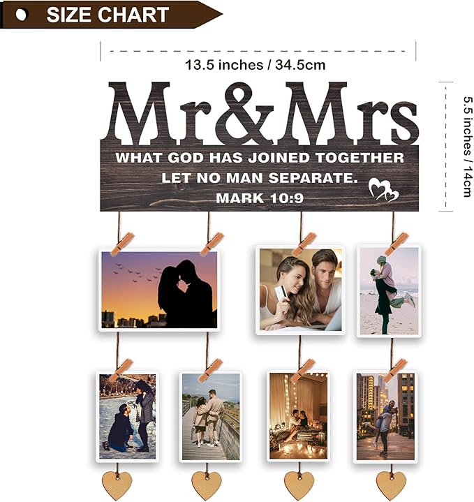 Yudarte Mr & Mrs Bedroom Decor for Couples - Wall Picture Hanging Collage Board with Clips and Twine 13.5x5.5 Inches - Religious Marriage Gifts for Couple - What God Has Joined Together Mark 10:9
