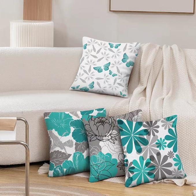 COMMINY Teal Grey Pillow Covers 18x18 Set of 6 Decorative Daisy Flower Throw Pillow Cover for Couch Modern Turquoise Pillow Case for Patio Living Room Cushion Bed Farmhouse Home Decor
