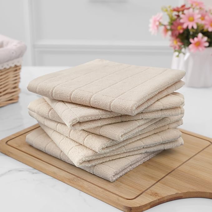 Homaxy 100% Cotton Terry Kitchen Dish Cloths, Ultra Soft and Absorbent Dish Towels for Kitchen, Suitable for Drying and Washing Dishes, 6 Pack, 12 x 12 Inches, Beige