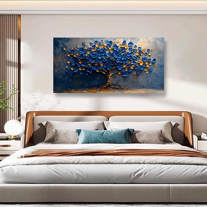 Abstract Tree Canvas Wall Art Bedroom Wall Decor Living Room,Tree of Life Wall Art Office Kitchen Paintings Artwork Modern Blue Yellow Leaves Pictures Art Prints Waterproof Ready to Hang-20x40inch