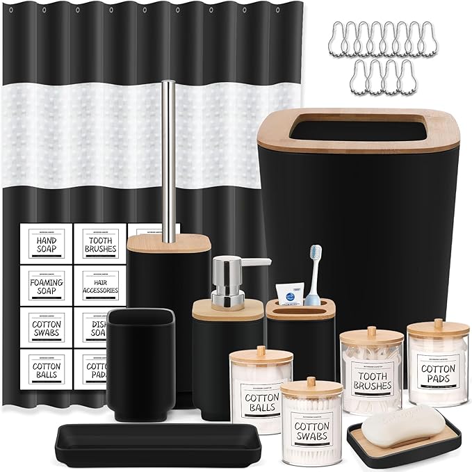 Bathroom Accessories Set,Black Bathroom Set,24 Pieces Bathroom Accessory Set with Shower Curtain,Trash Can for Bathroom Accessories Décor and Home Gifts