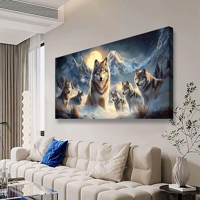 Wolf Pack Pictures Canvas Wall Art for Living room Office Bedroom Wall Decor, Moon Wall Art Print Paintings Modern The Wolf Gray Zoon Artwork Waterproof Ready to Hang-20x40inch
